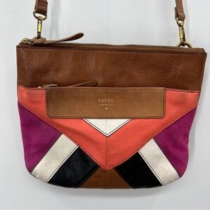 Fossil Amanda Leather Cow Hide Chevron Colorblock Crossbody Bag Purse Multi